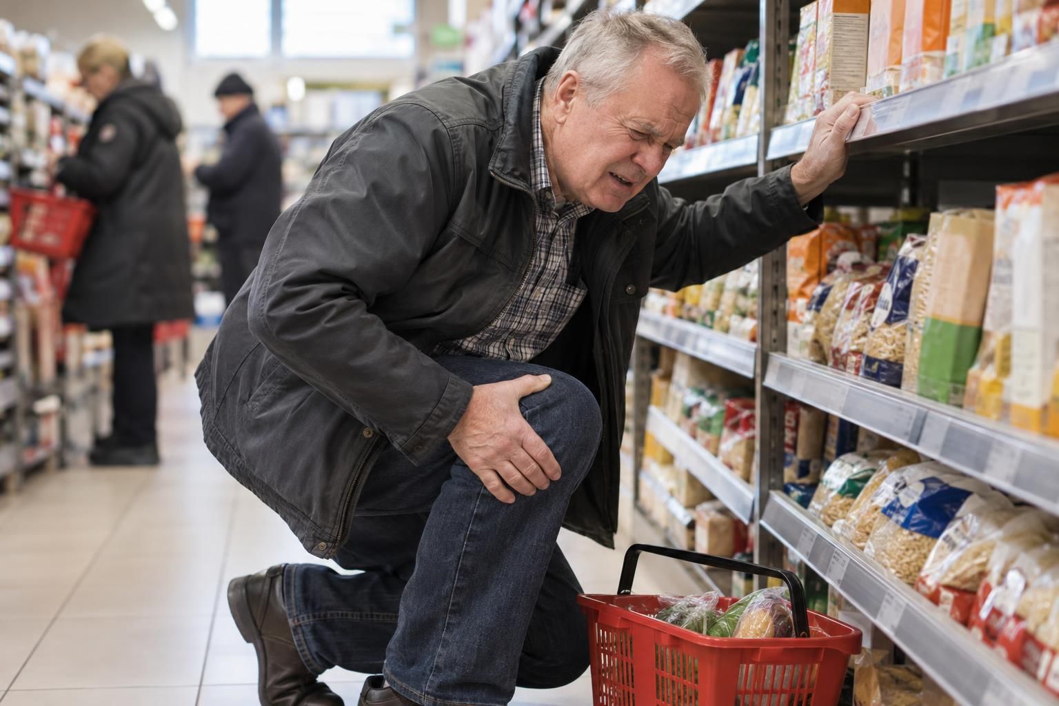 Ból kolan przy niskiej półce w sklepie: starszy mężczyzna przyklęka przy regale, trzyma się za kolano i krzywi się